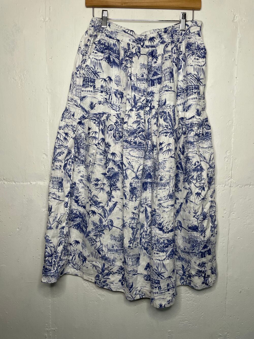 Joie 100% Linen Womens Midi Skirt Blue White Coastal Tropical Size Medium